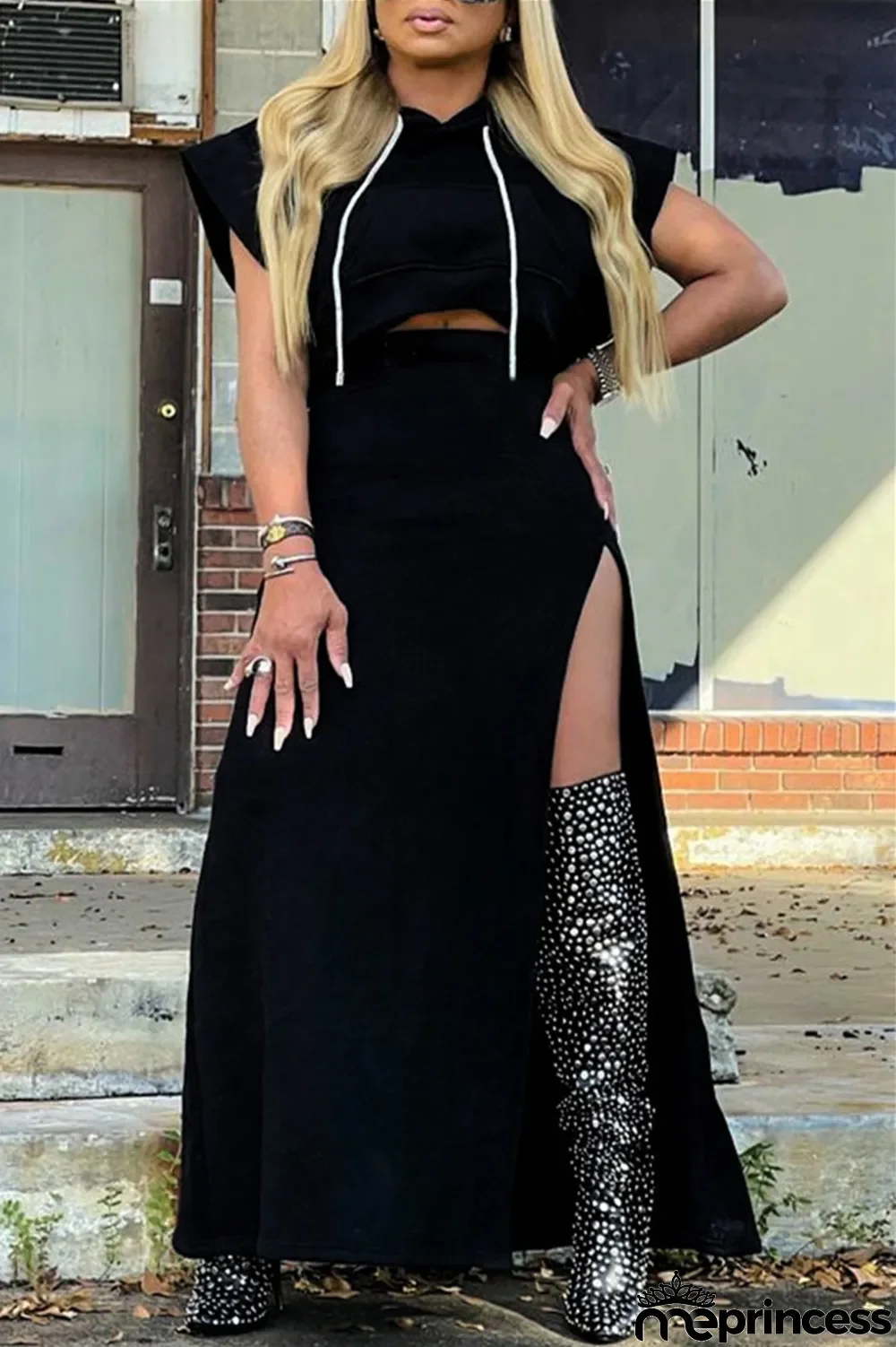 Black Fashion Casual Solid Slit Hooded Collar Short Sleeve Two Pieces