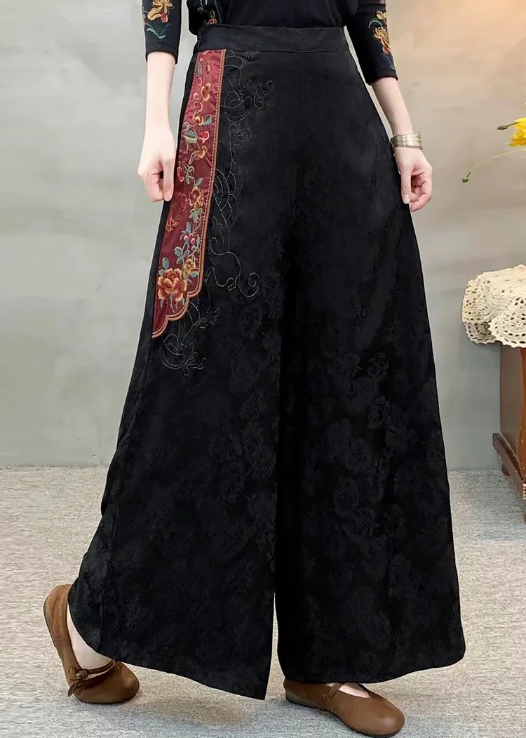 Ethnic Style Black Embroidered Patchwork Silk Pants Spring