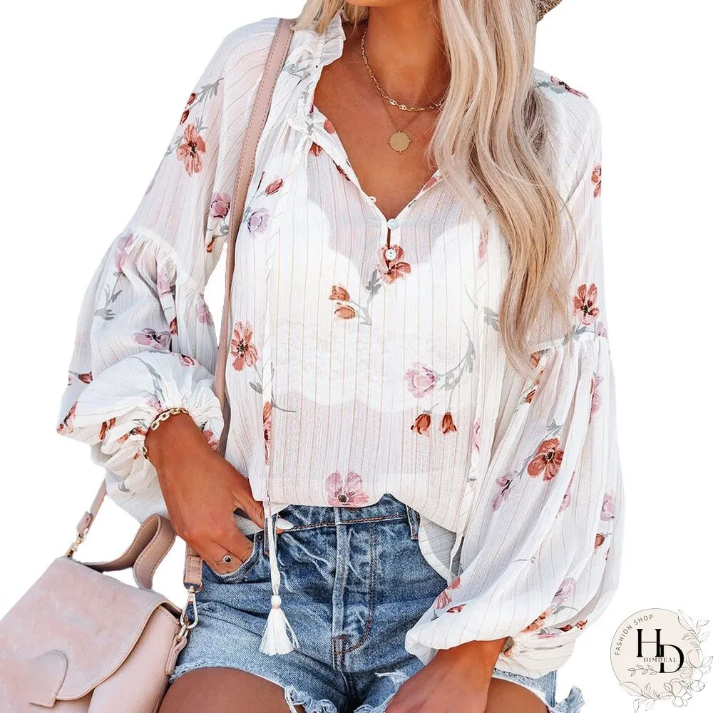 Sexy Ruffles Neck Long Sleeve Office Lady Tops Spring Women Floral Print Button Loose