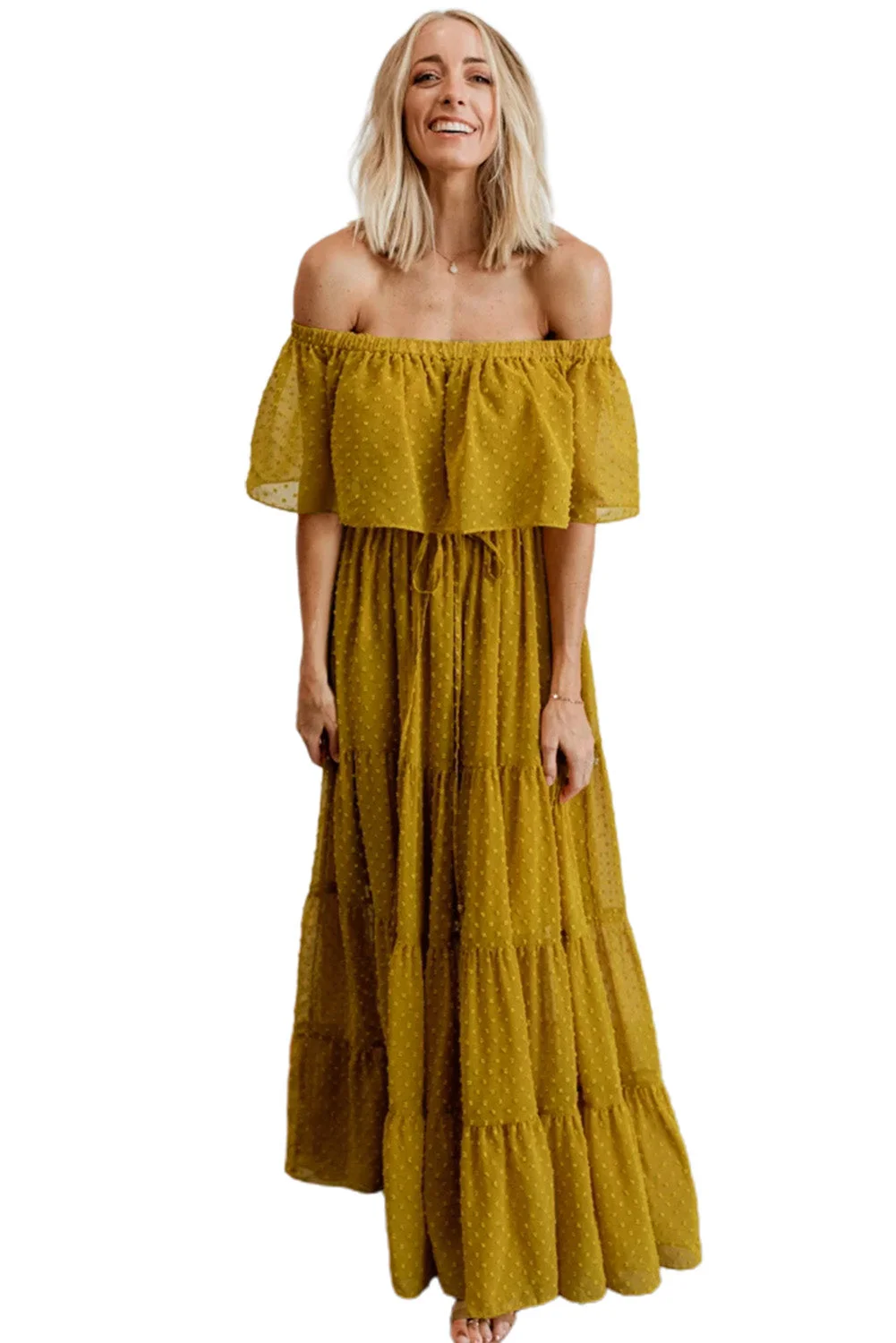 Women Yellow Off Shoulder Ruffle Swiss Dot Maxi Dress