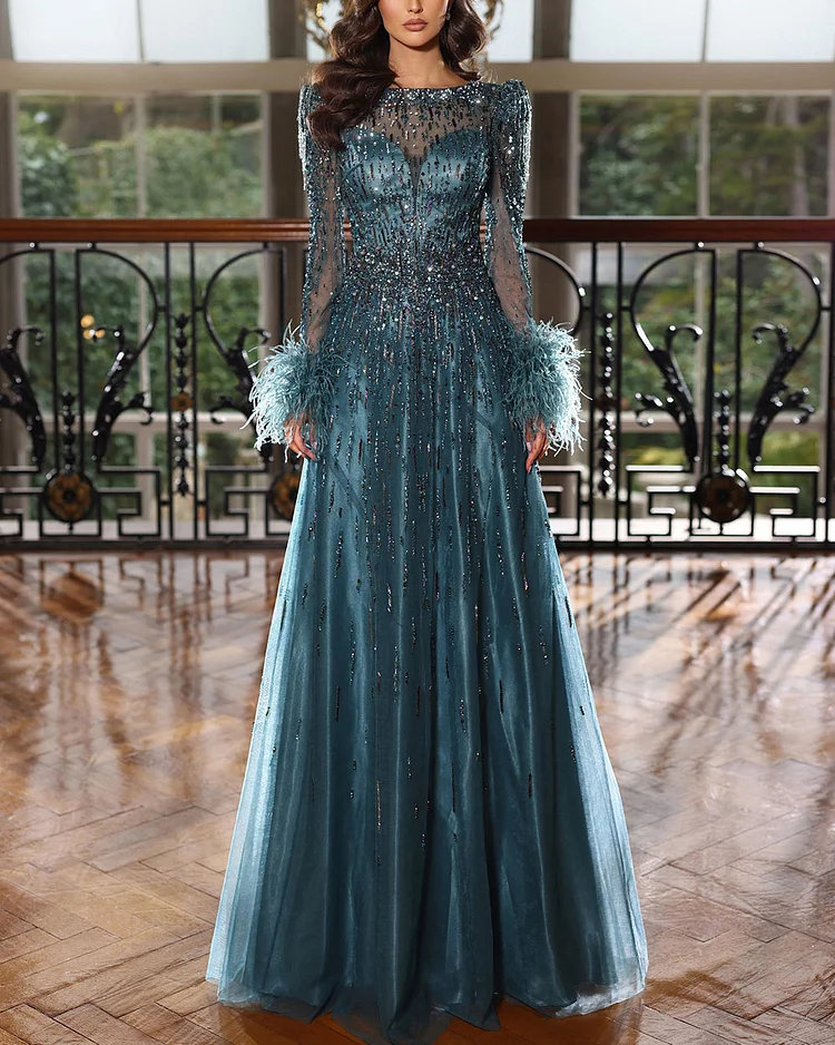 Feather-Embellished Sequined Crystal Gown