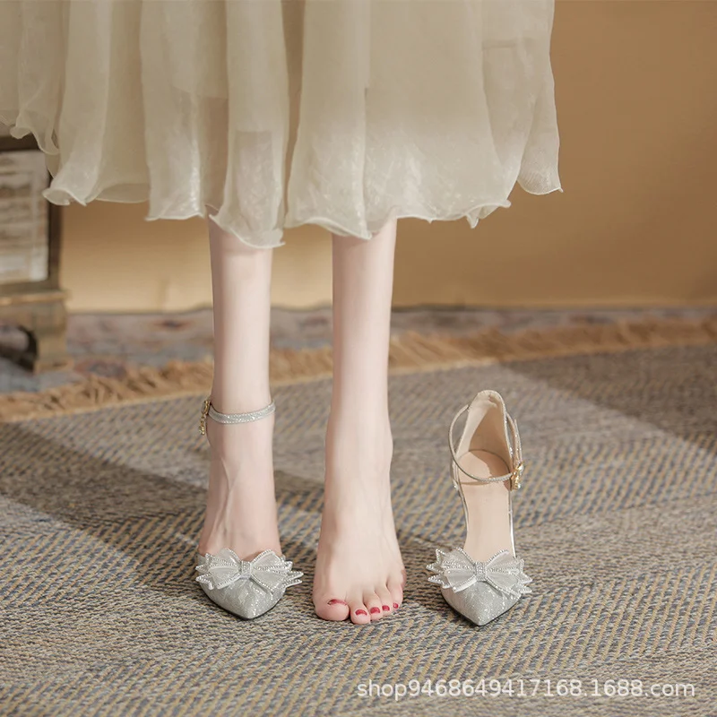 Breakj Breakj Women's Summer 2023 New Baotou Hollow Bow High Heels Fairy Pointed Shoes Princess Wind Dress Shoes