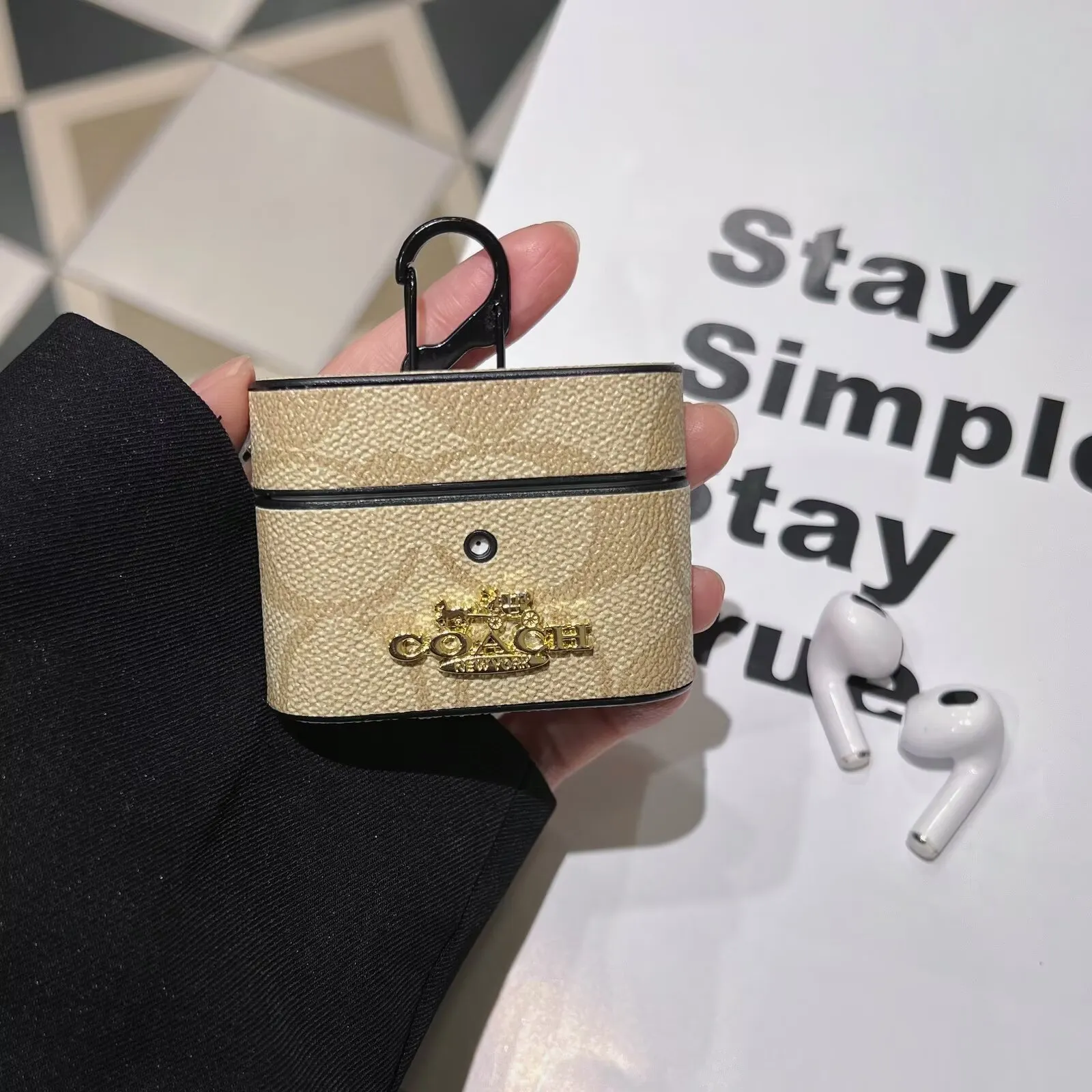 Coach Classic Signature Canvas Metal Monogram Label Apple Wireless Earphones AirPods Case