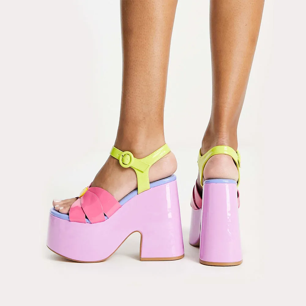 Multicolor Flower Strappy Open Round Toe Platform Women's Heel Sandals