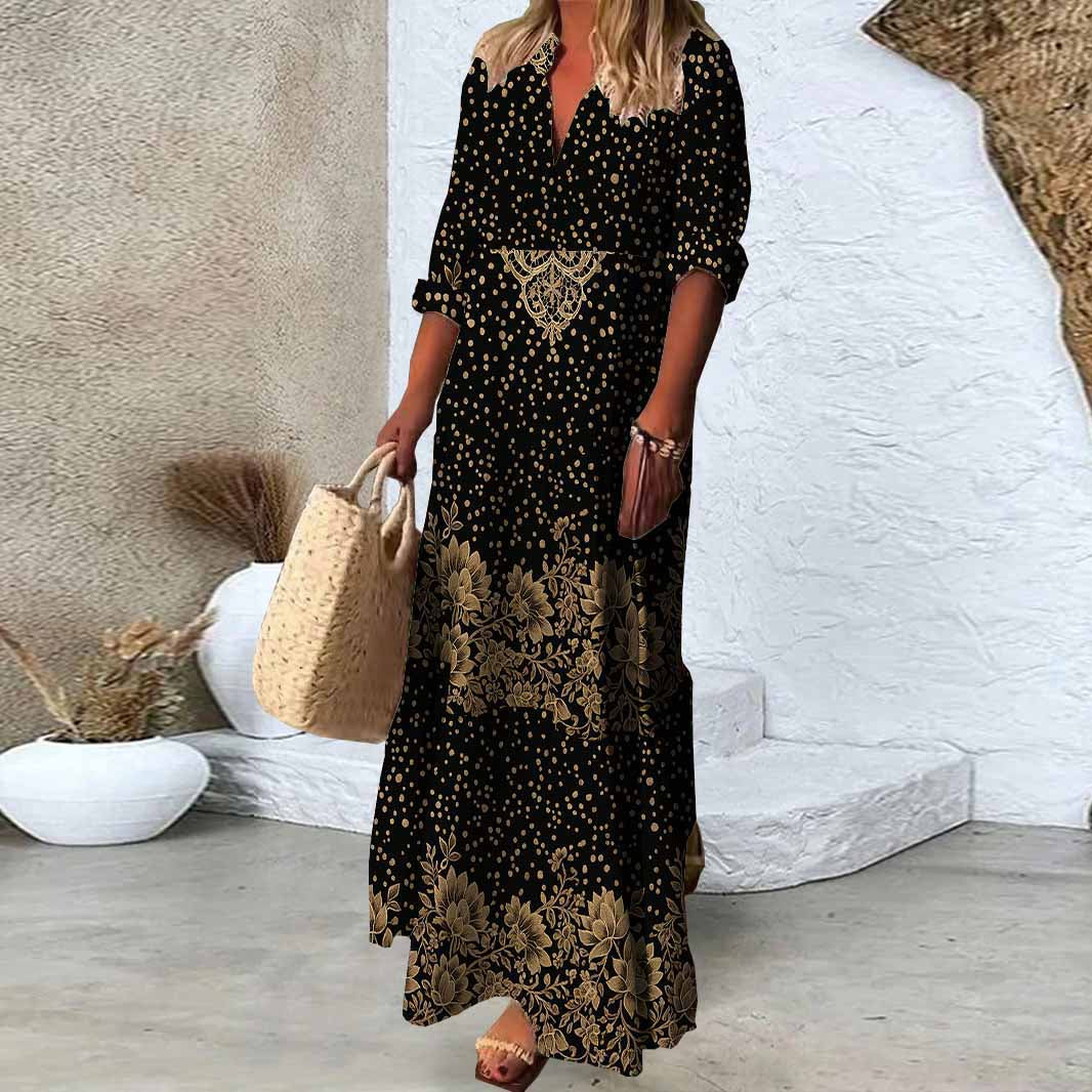 Women Polka Dot, Floral, Gold DZDN0968 SPU Printed Long Sleeve V-neck Maxi Dress