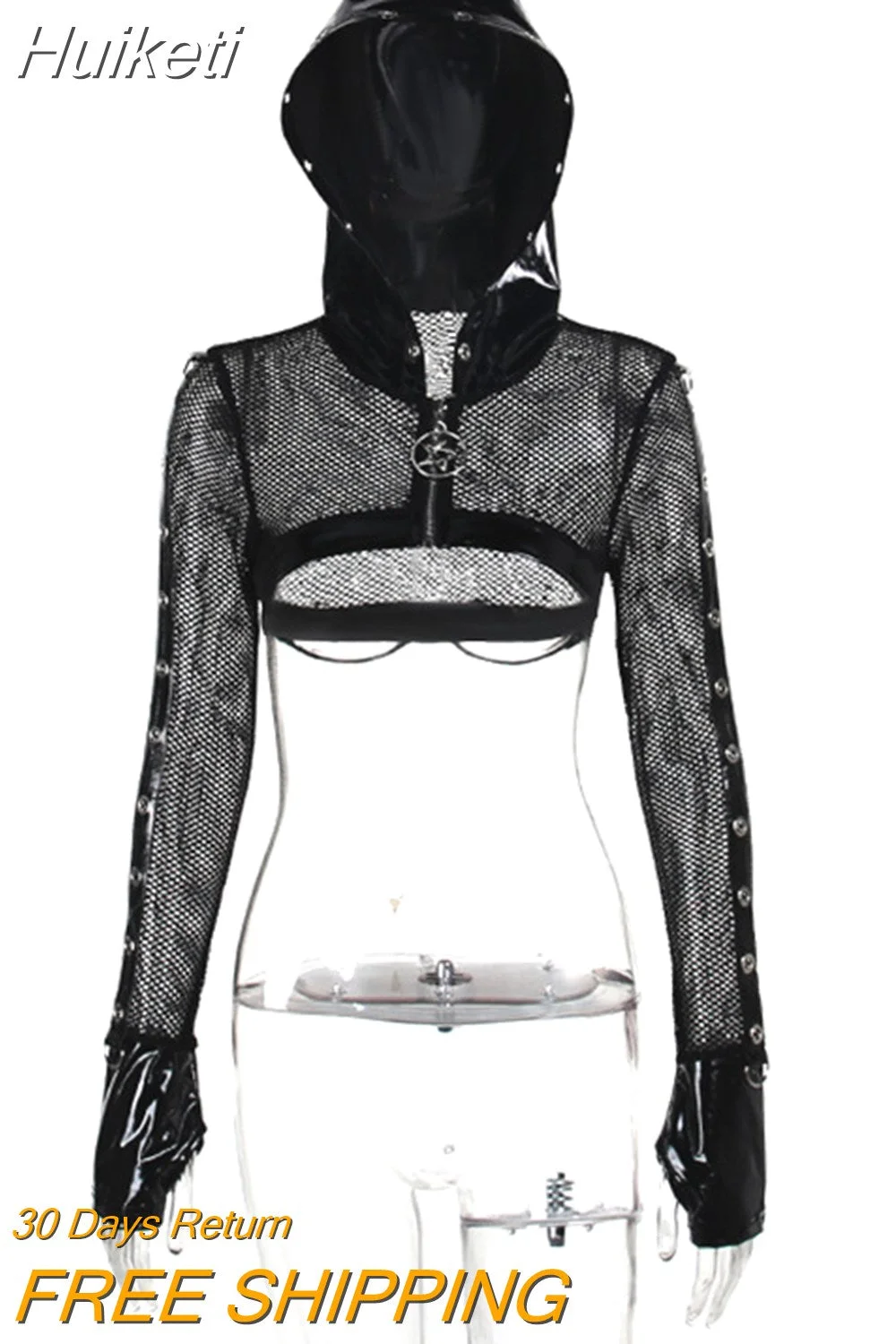 Huiketi Punk Fishnet Zip Up Cardigans Mall Gothic Faux Pu Hooded Crop Jackets Women Sexy Streetwear Club Alt Smock Tops