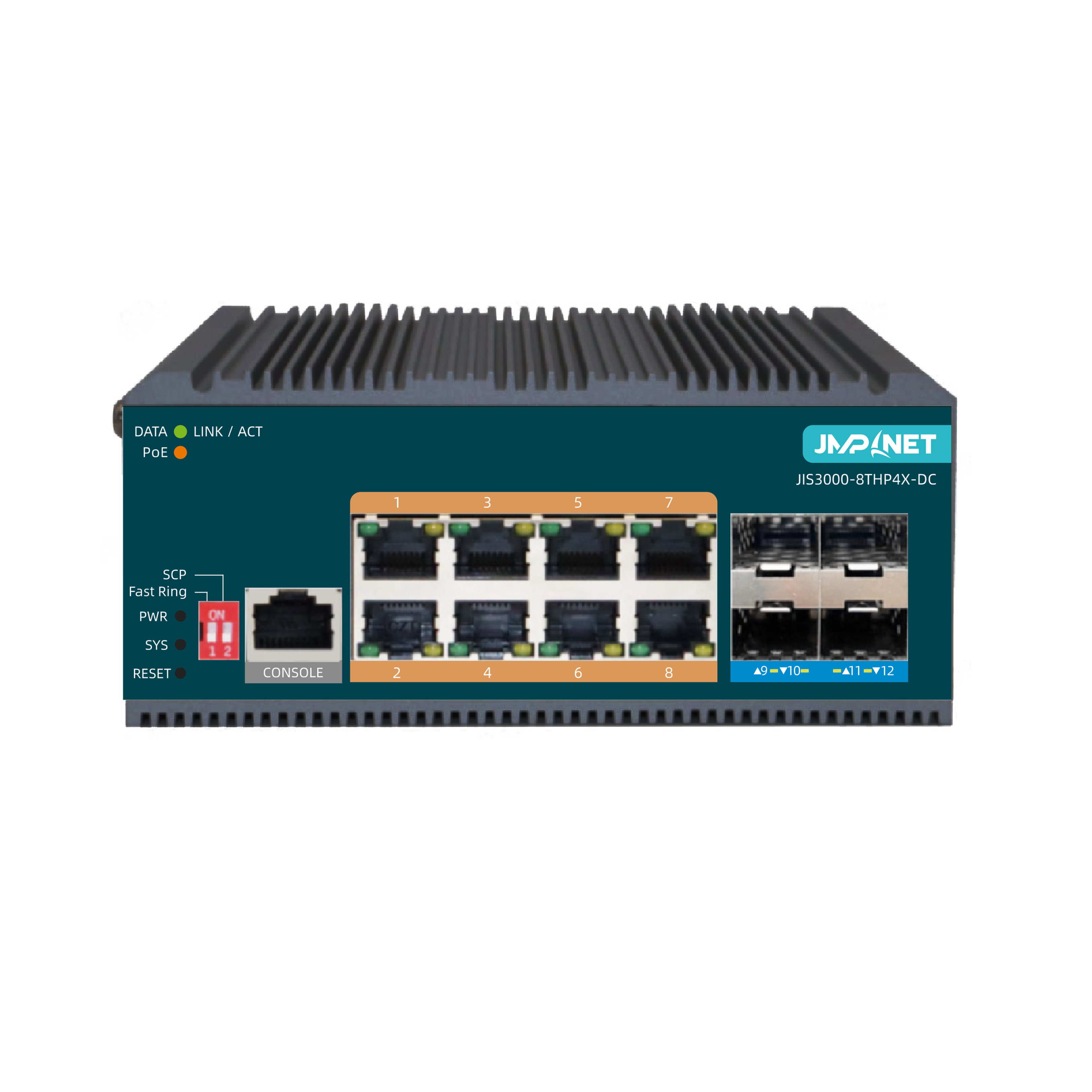 JIS3000-8THP4X-DC, 8 x 1Gb RJ45, 4 x 10Gb SFP/SFP+, L3 Managed Industrial PoE+ Switch