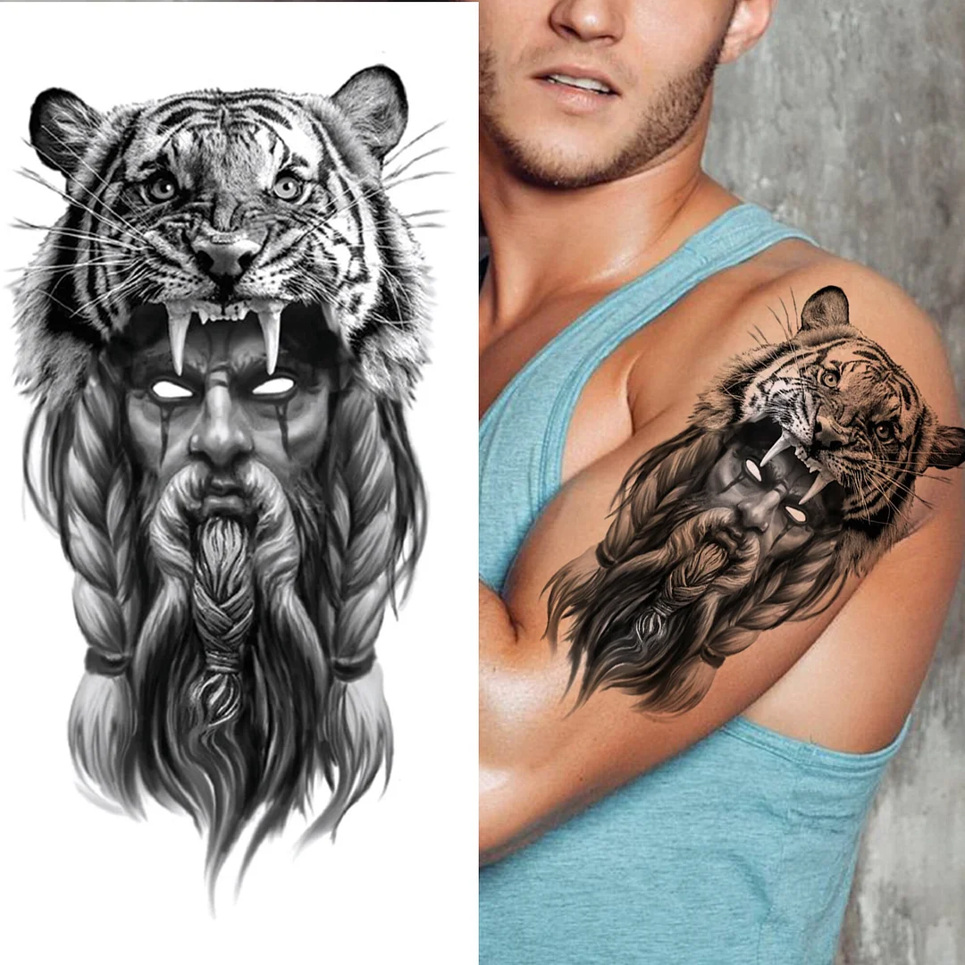 Sdrawing Compass Lion Rose Temporary Tattoo For Men Adults Realistic Fake Tiger Crown Cross Tattoo Sticker Thigh Half Sleeve Tatoo