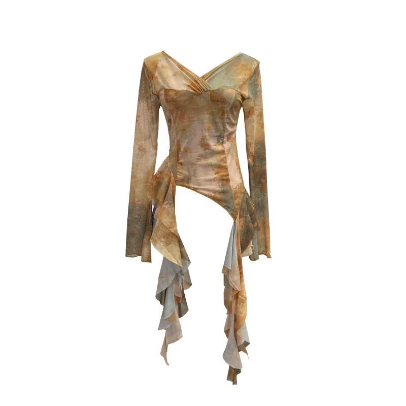 Nigikala Nigikala Shooting Ribbon Mesh Yarn Leaf Side Retro Print V Collar Horn Sleeve Top Spring And Summer Short Repair T-Shirt 8013