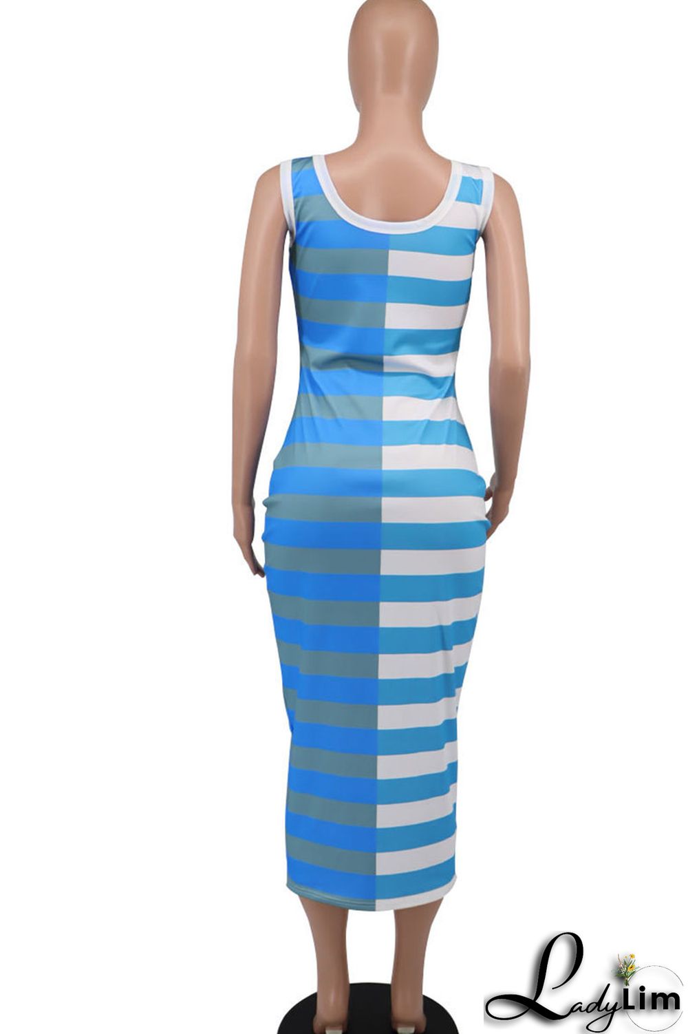 Blue Casual Striped Print Patchwork U Neck Pencil Skirt Dresses