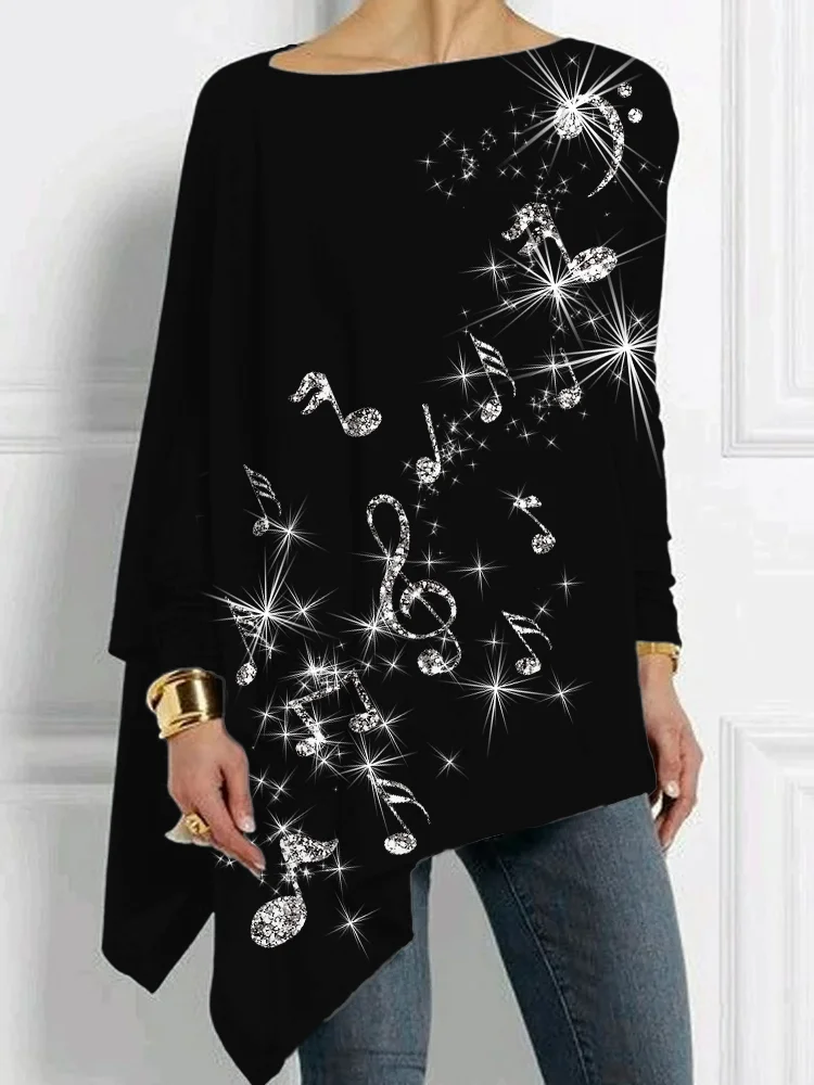 Glitter Music Notes Bat Sleeve T Shirt