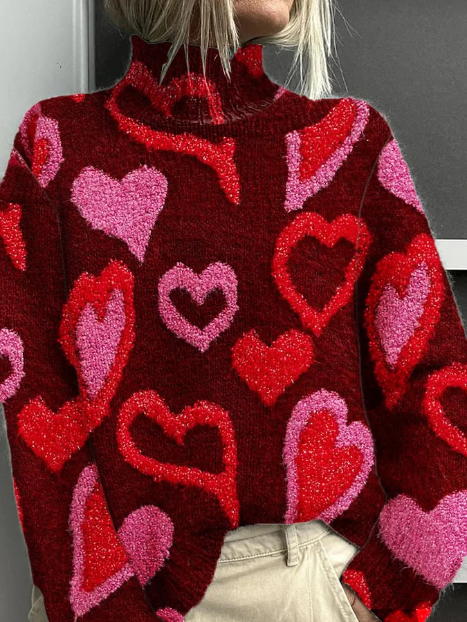 Women's Heart Print Knit Turtleneck Pullover Sweater