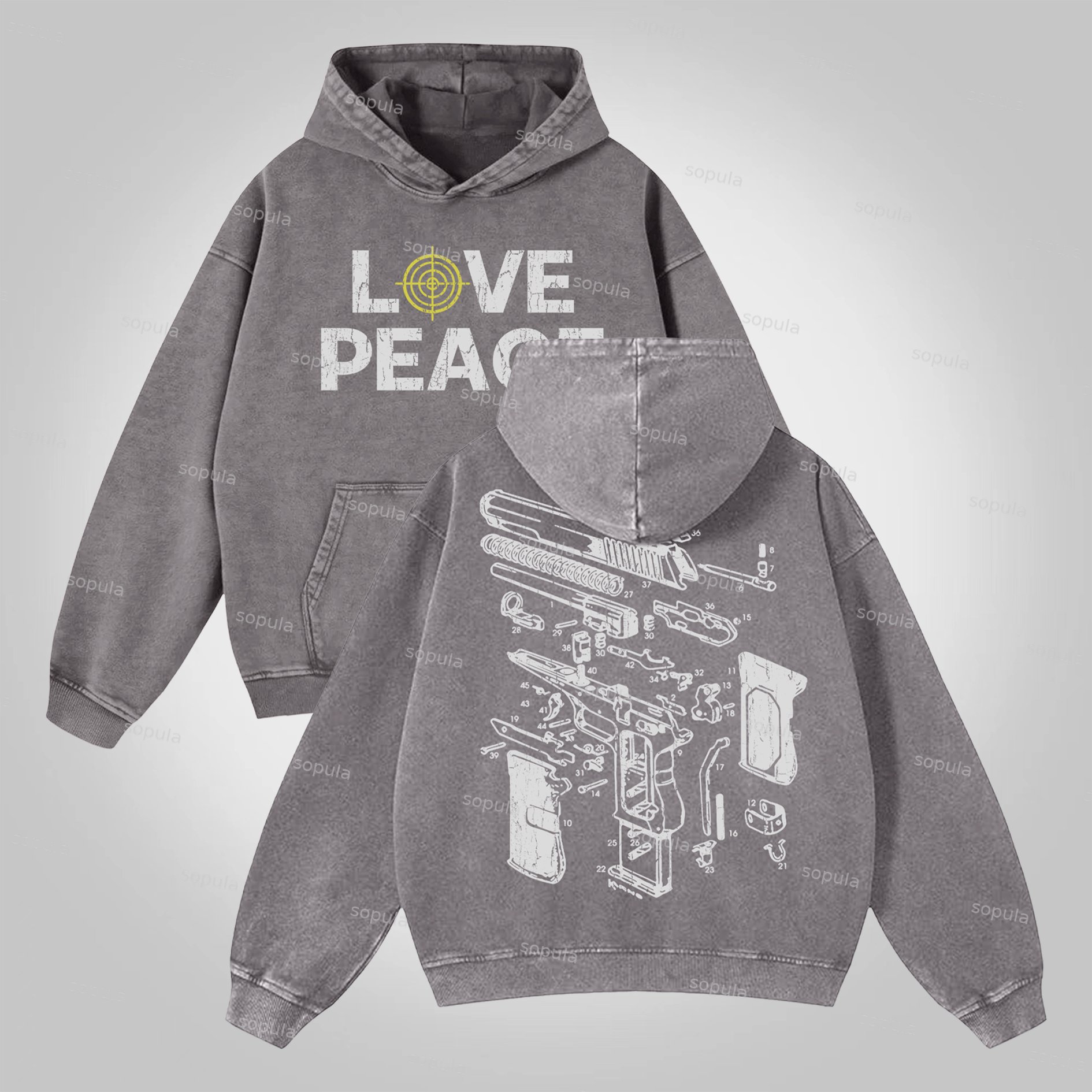 Sopula Love Peace Retro Deconstructed Gun Graphic Washed Hoodie - SOPULA