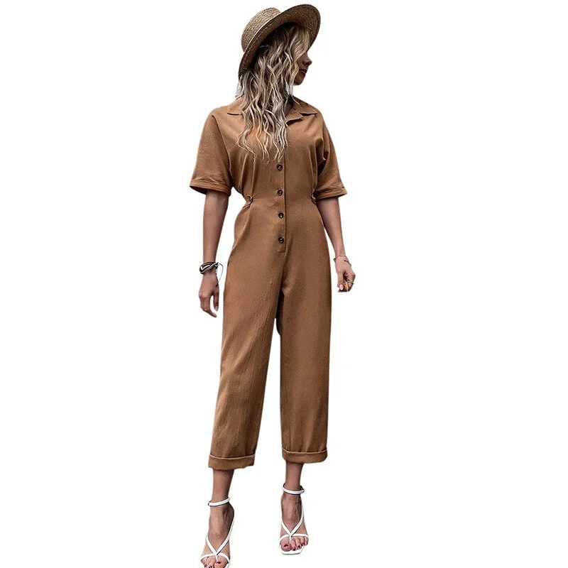 Zhenkayi Spring and Summer Fashion New Women&#39;s Solid Color Single-breasted Lapel Mid-sleeve Casual Jumpsuit One Piece Jumpsuit