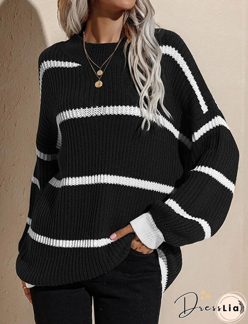 Round Neck Retro Loose Striped Pullover Knitted Sweater