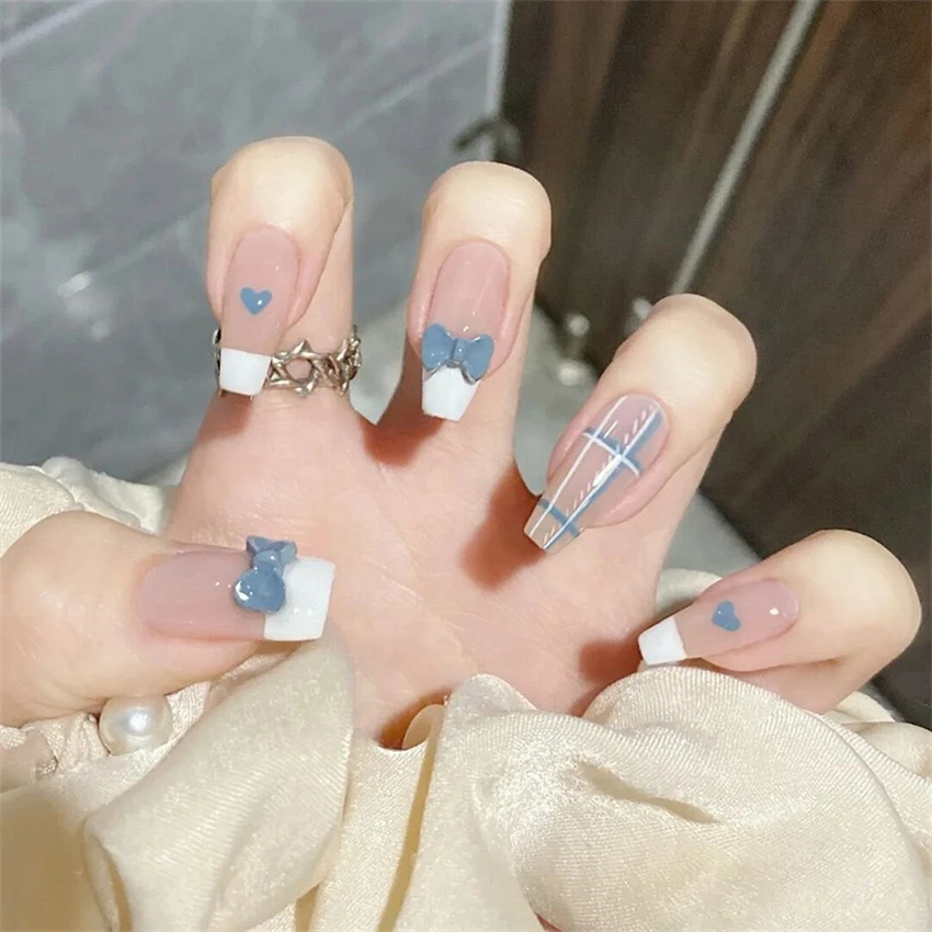 Bayuyun 24Pcs/Set Coffee Leopard French Fake Nails with Diamonds Japan Korean Artificial Acrylic Press on Nails Removable Stick on Nails