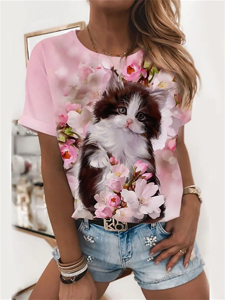 Pink Short-sleeved Round Neck Women's T-shirt 3D Printed Pink Cat Pattern