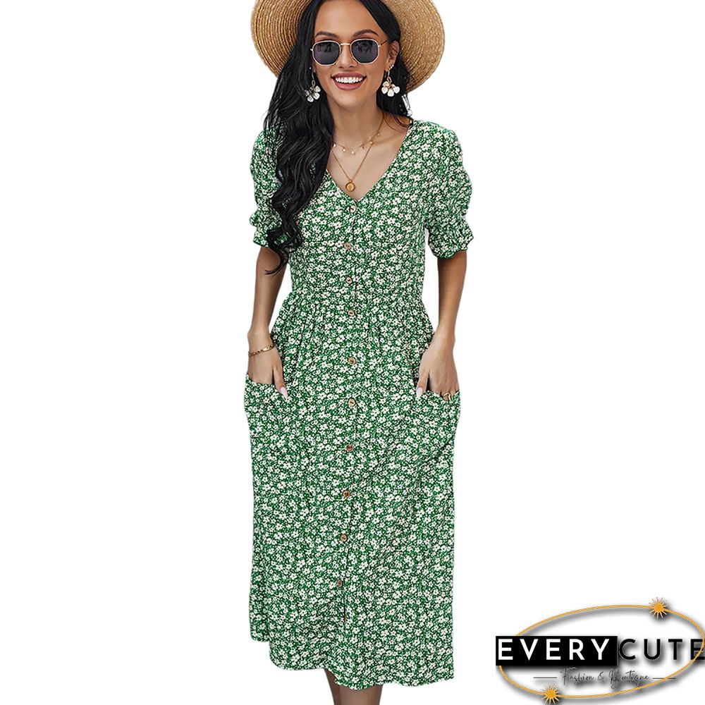Green Button Down V Neck Pocketed Floral Dress