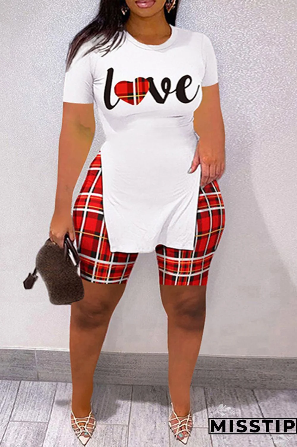 Khaki Fashion Casual Letter Print Slit O Neck Plus Size Two Pieces