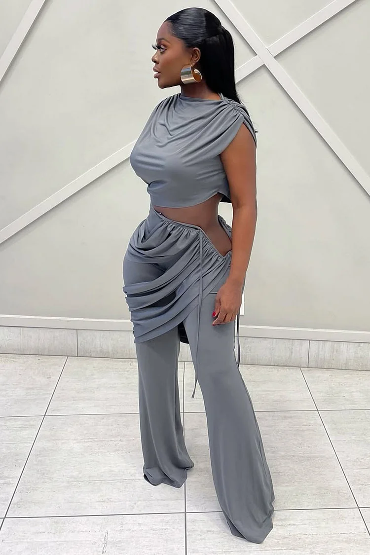 Ruched Sleeveless Top Layered Wide Leg Pants Party 2pcs Set-Gray