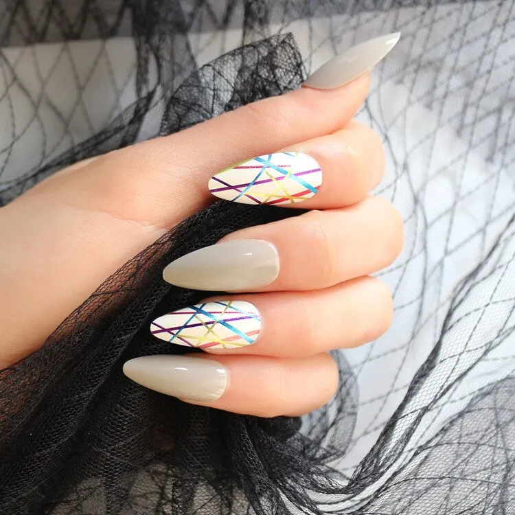 Fake Nails with Glue Metal Color False Nail Art Tips Press on Coffin Stick Designs Clear Set Full Cover Artificial Short Kiss-Nail Inspo