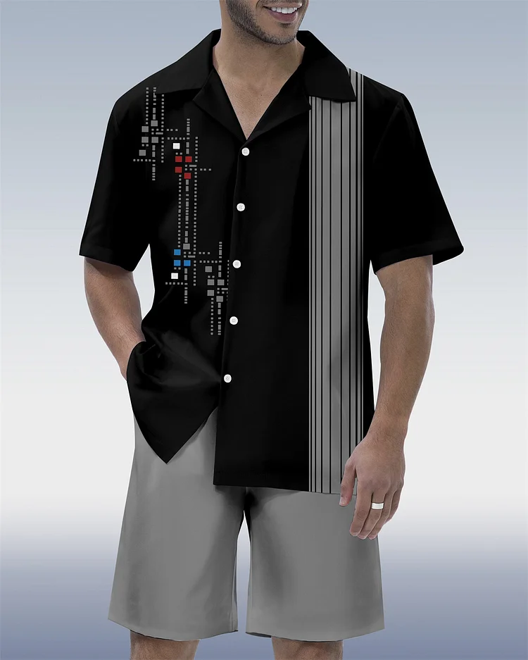 Men's Geometric Art Print Hawaiian Vacation Short Sleeve Suit 078