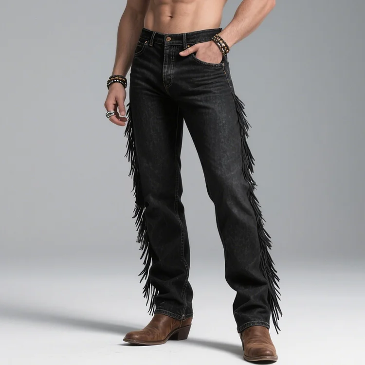 Okaywear Solid Denim Mid Rise Fringe Straight Leg Jeans 