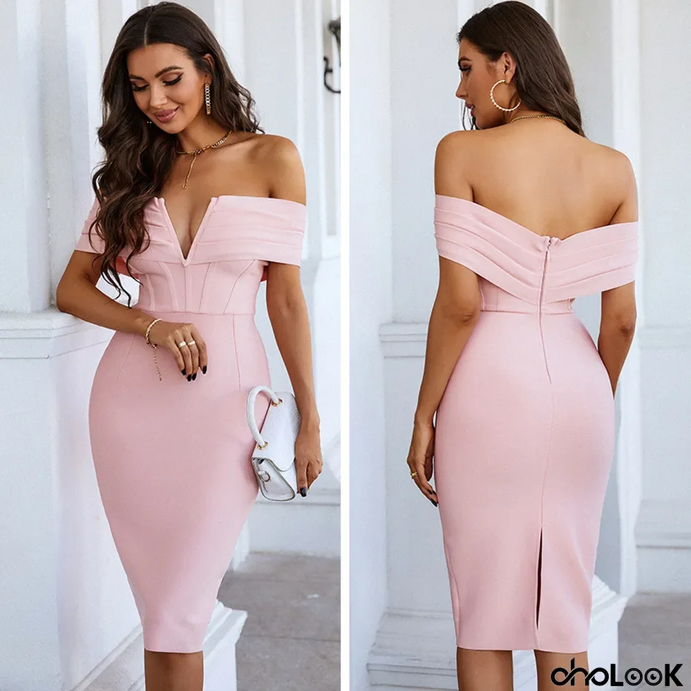 Spring Pink High Waist Slim Waist Off Shoulder Bandage Dress Chic V Neck Ladies Dress