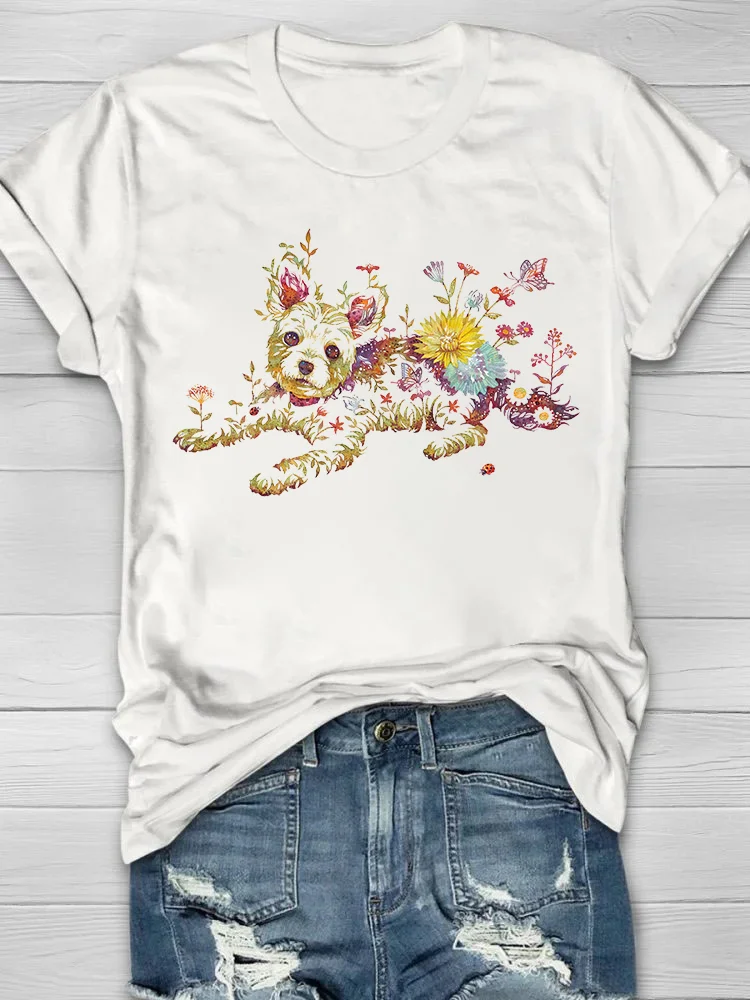 Floral Puppy Printed Crew Neck Women's T-shirt