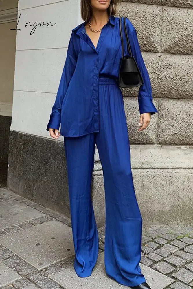 Ingvn - Casual Simplicity Solid Buttons Turndown Collar Long Sleeve Two Pieces Blue / S
