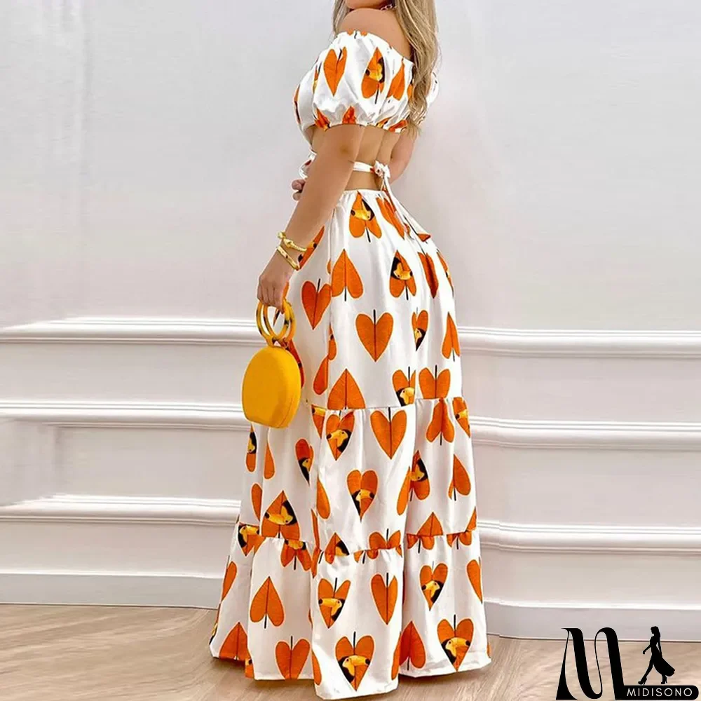 MidiSono - Women's Fashion Fresh and Sweet Off-Shoulder Puff Sleeves Low Back Slim Waist Hollow Swing Dress