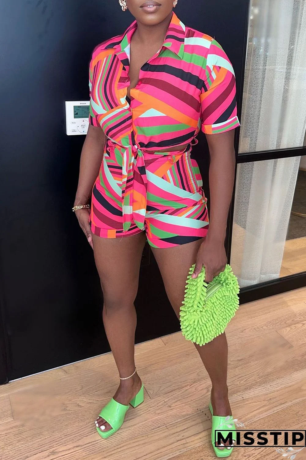 Blue Casual Print Patchwork Turndown Collar Short Sleeve Two Pieces