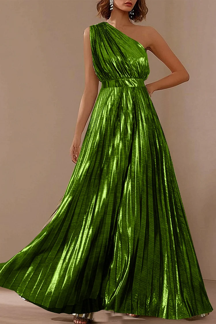 Evening Gown Green Metallic Fabric One Shoulder Pleated Maxi Dress