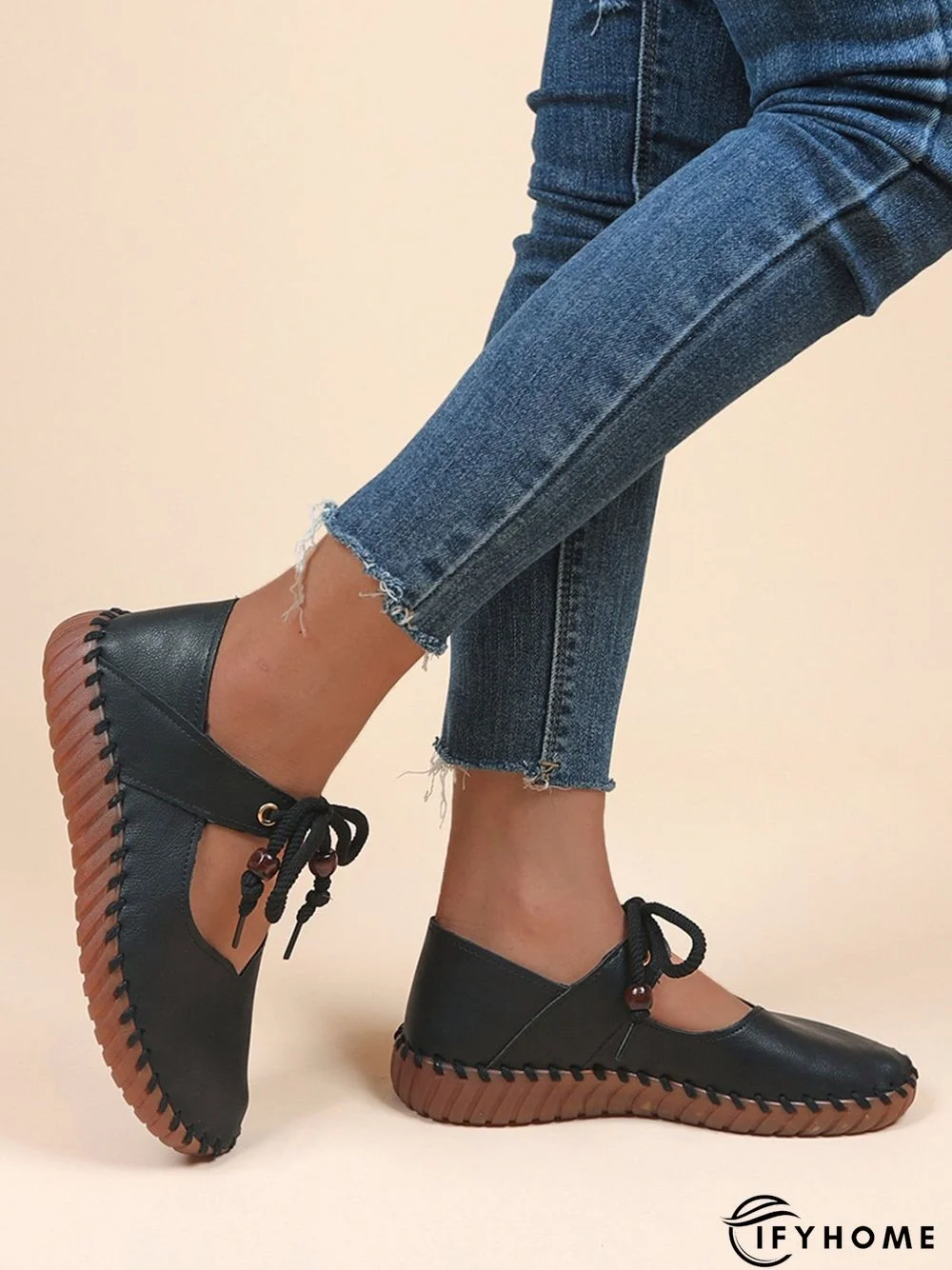 Simple Beading Lace-Up Flat Mary Jane Shoes | IFYHOME