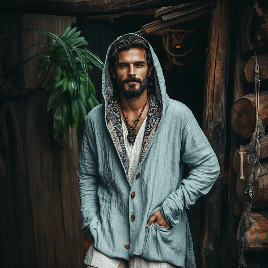 Men's Linen Tribal Hooded Jacket-inspireuse