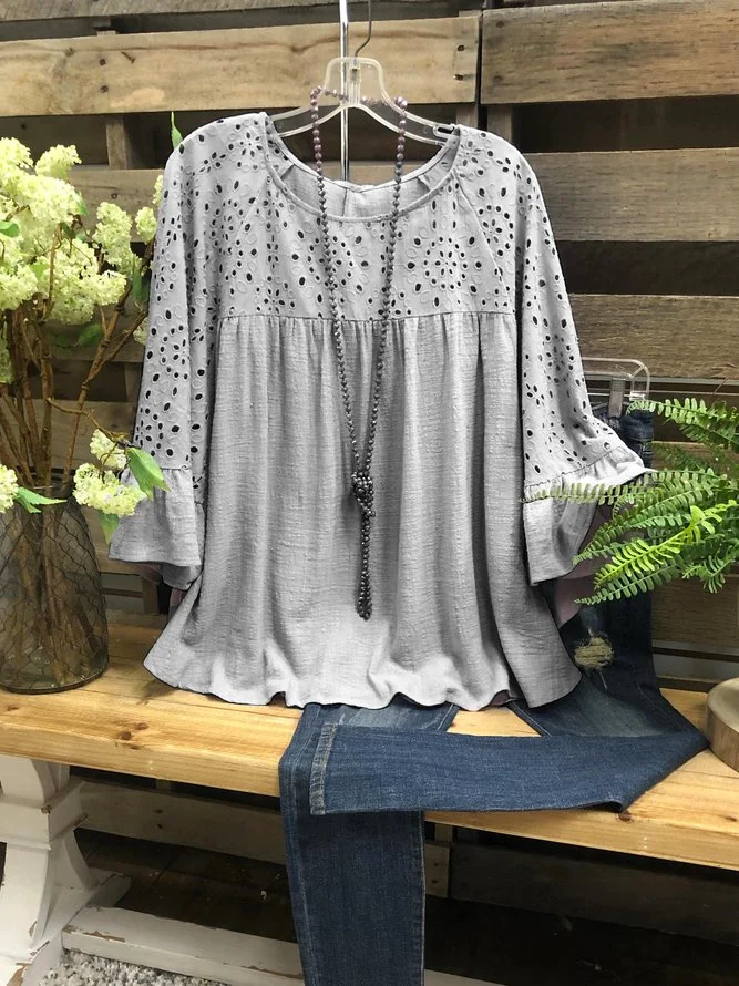 Gray Shift Short Sleeve Cotton Crew Neck Shirts & Tops