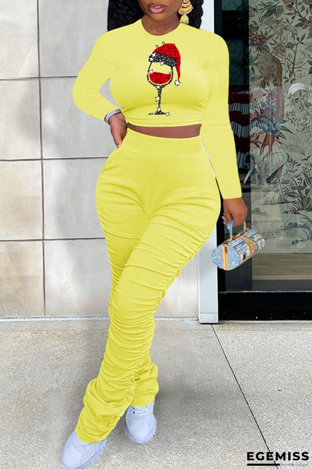 Yellow Casual Print Patchwork Fold O Neck Long Sleeve Two Pieces | EGEMISS