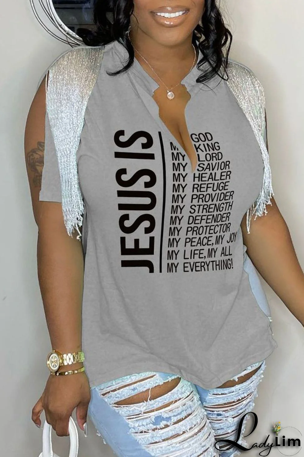 Black Casual Letter Print Tassel Patchwork V Neck T-Shirts