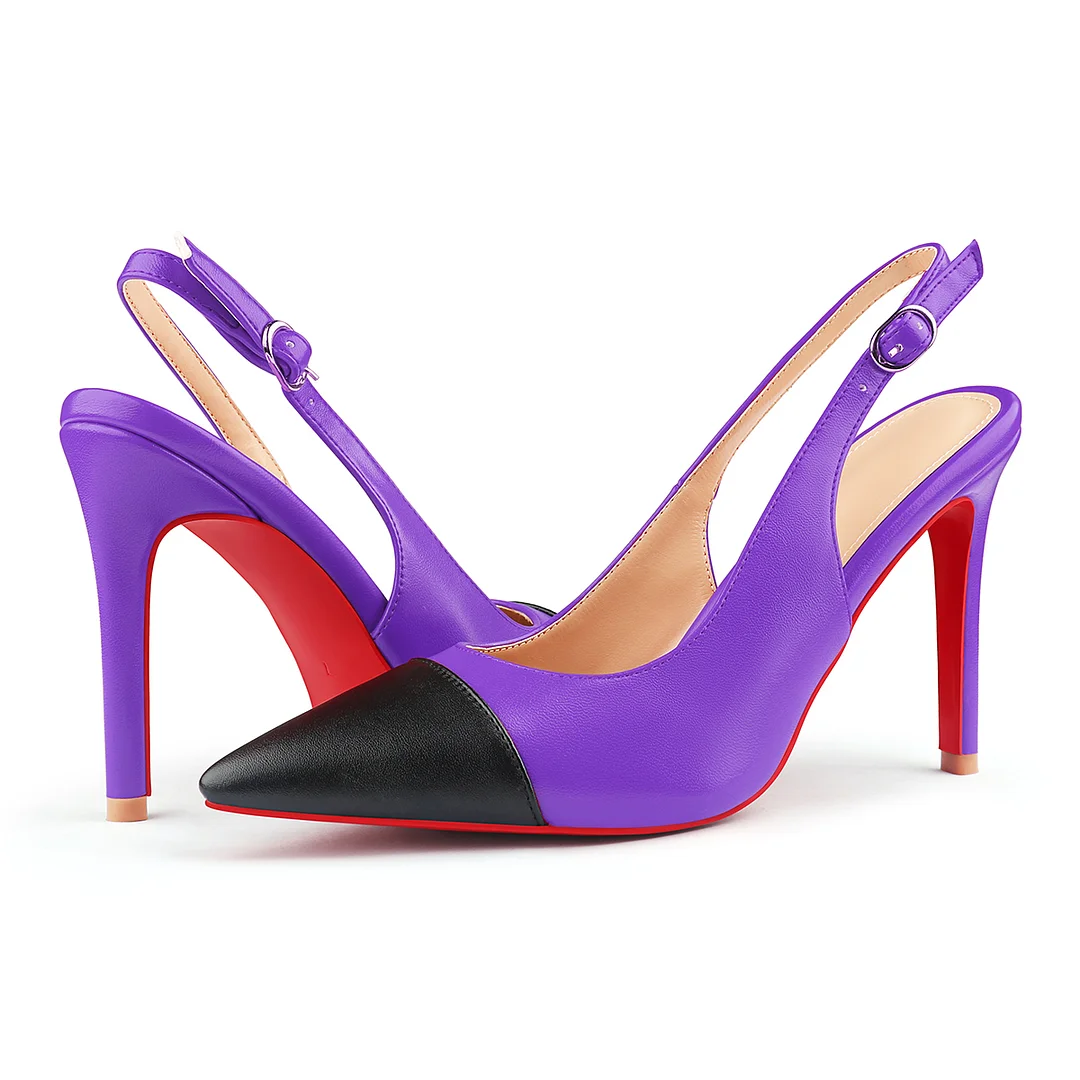 100mm Women's Sandals Black Stitching Pointed Toe Slingback Red Bottom Heels-MERUMOTE