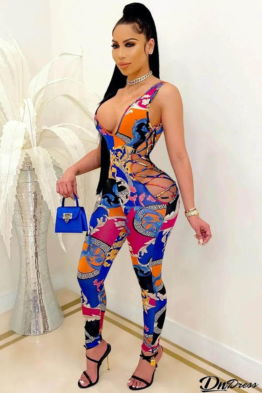 Summer Print Lace-Up Sexy Deep-V Bodycon Jumpsuit