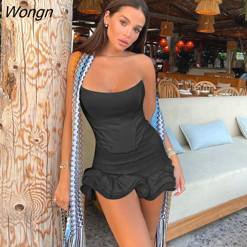 Wongn 2022 Summer Women Club 2 Piece Sets Tube Corset Crop Top Tanks Ruffle Shirred Mini Skirt Set Co Ord Matching Suit Outfit