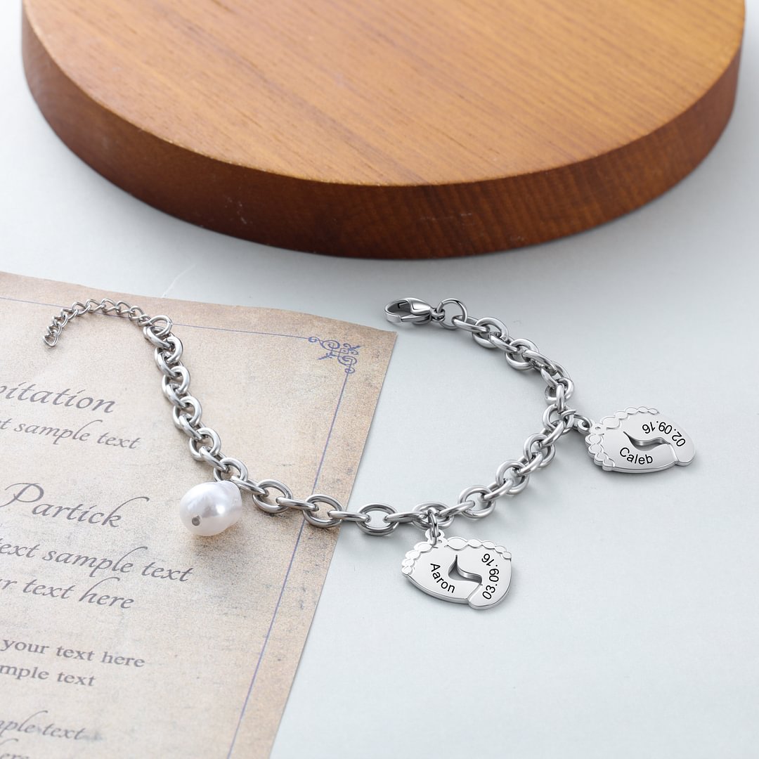 Personalized Baby Feet Bracelet Custom 2 Names Bracelet for Her