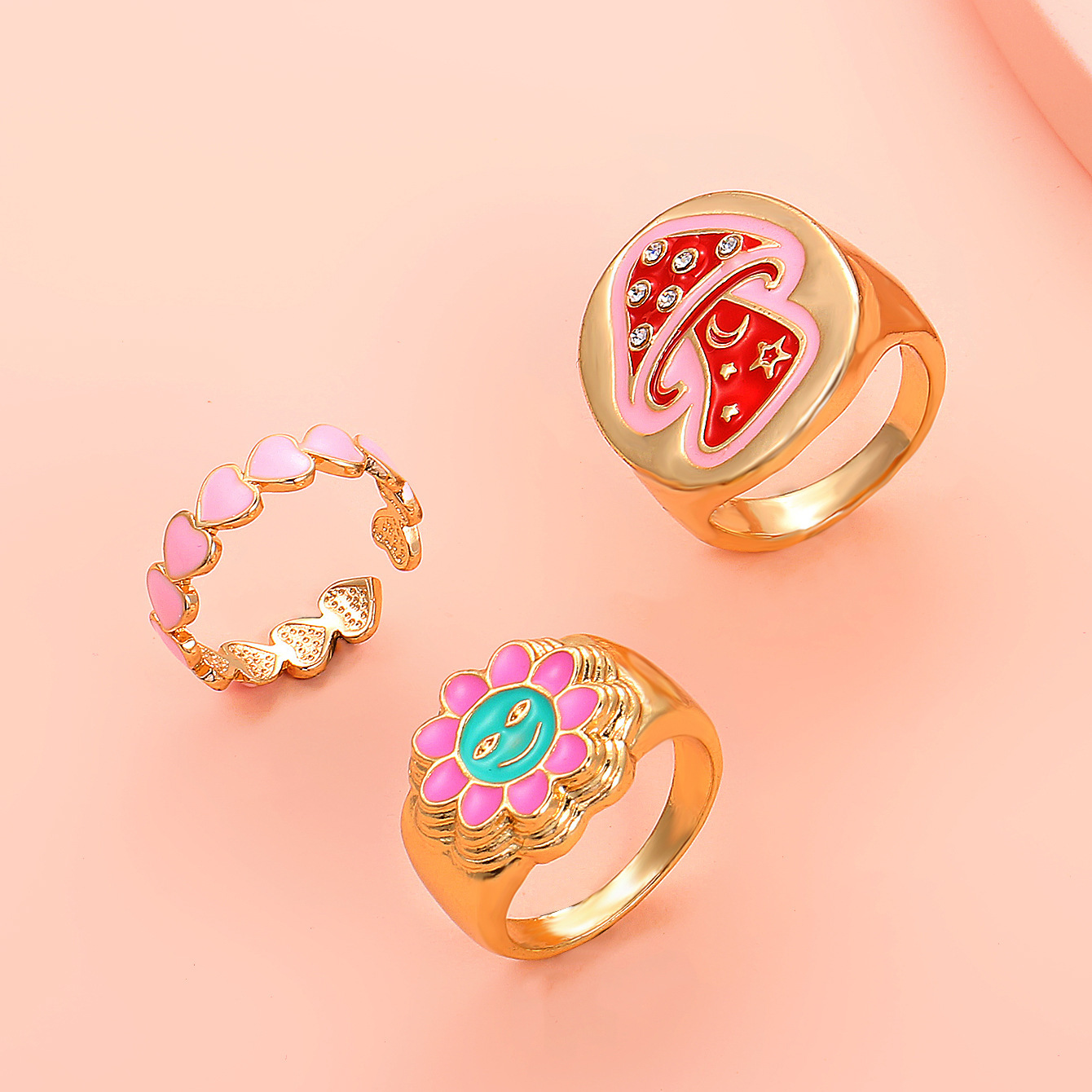 Drip Oil Mushroom Sun Heart Gold Plated Rings Set of 3