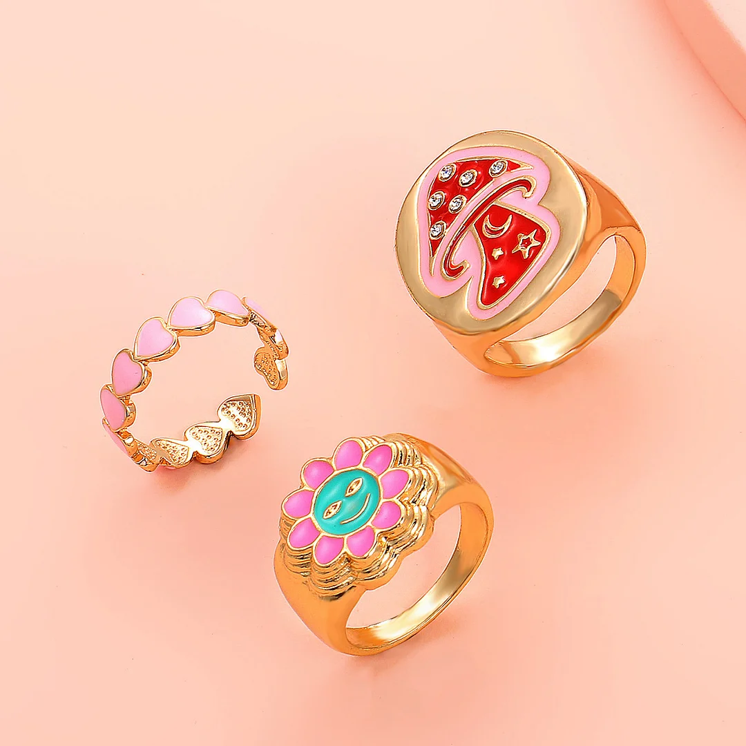 Drip Oil Mushroom Sun Heart Gold Plated Rings Set of 3