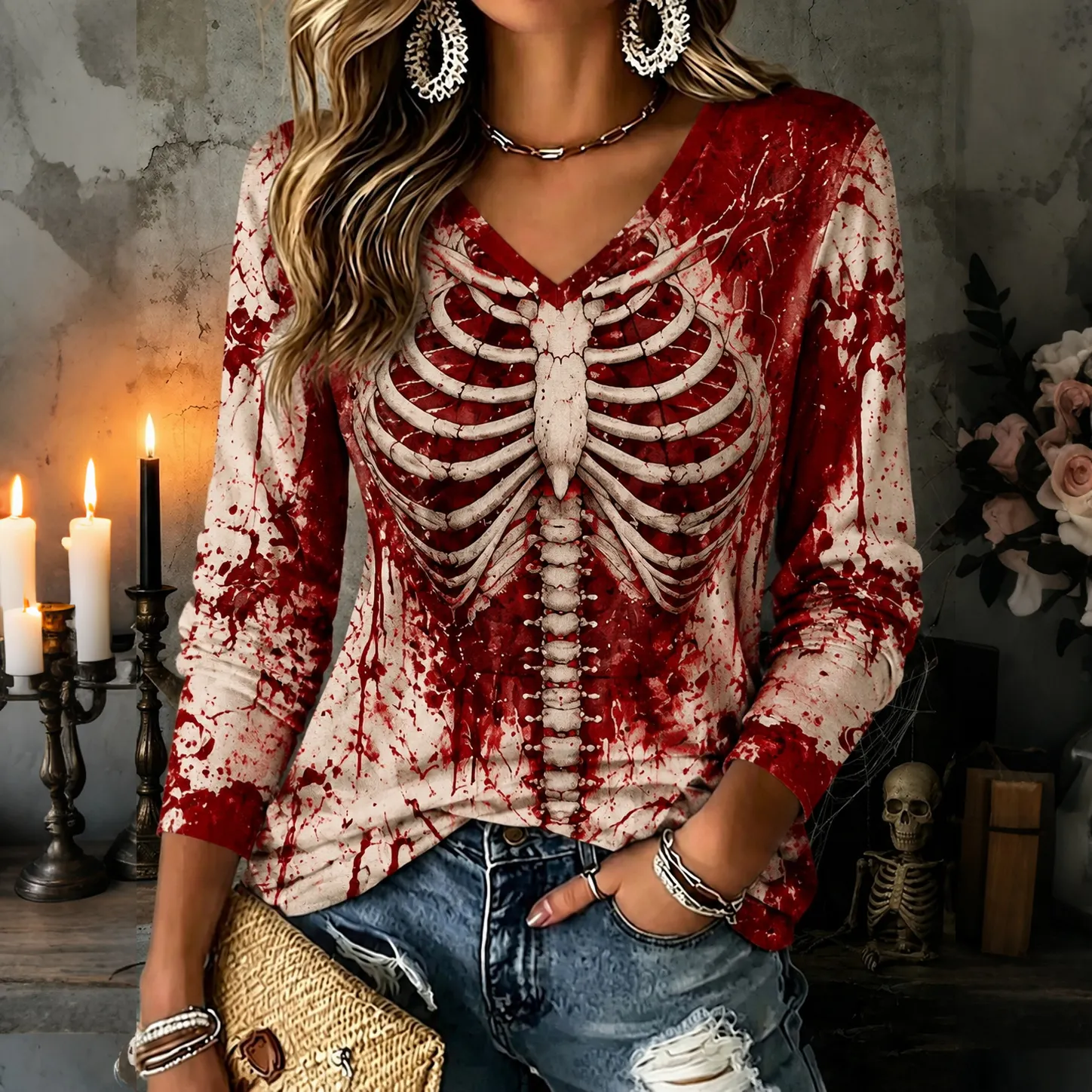 Comstylish Women's Halloween Scary Skull And Bloodstain Print Long Sleeve T-shirt