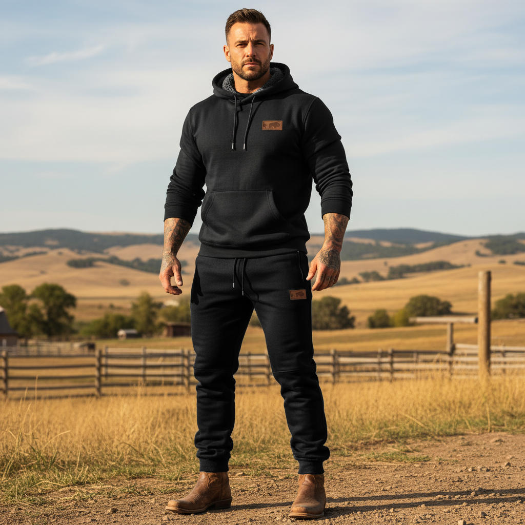 Men's Vintage Western Cowboy Fleece Zipper Pocket Elastic Drawstring Jogging Sweatpants