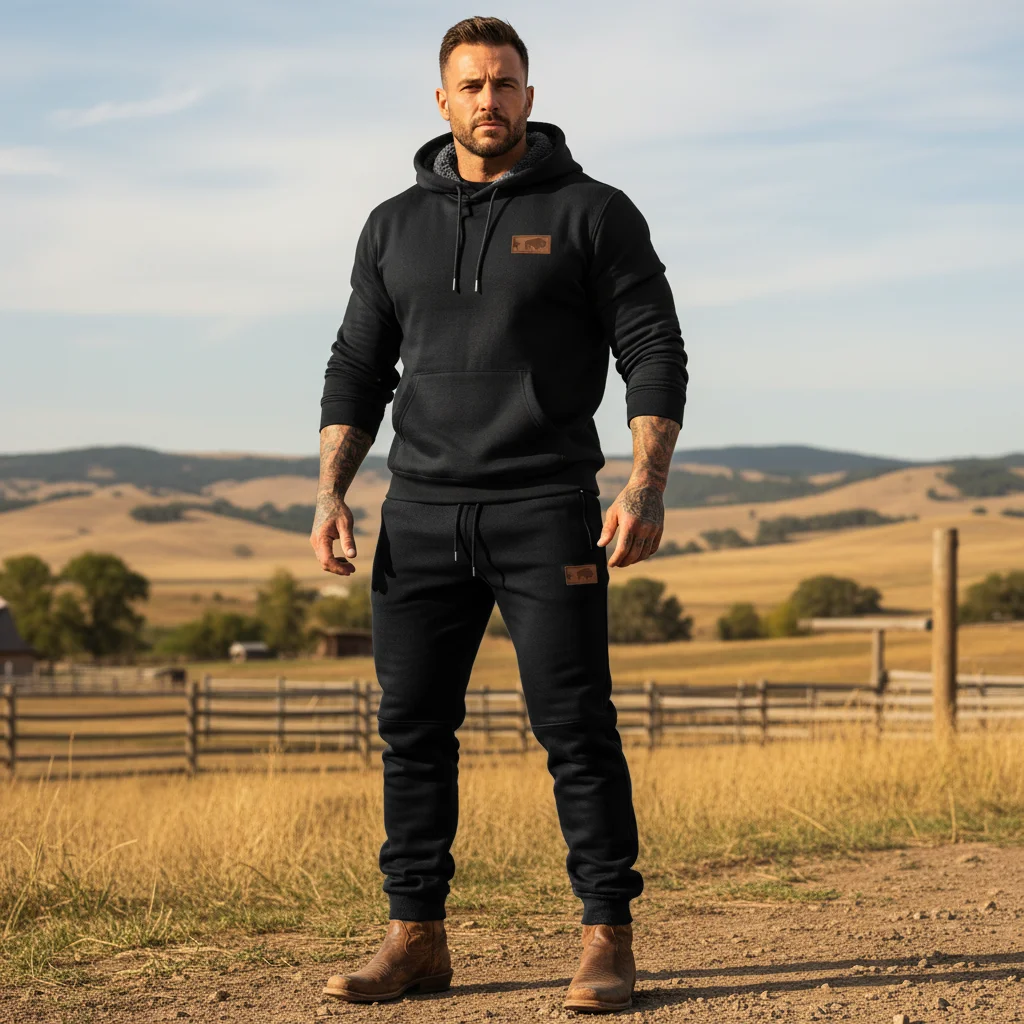 Men's Vintage Western Cowboy Fleece Zipper Pocket Elastic Drawstring Jogging Sweatpants