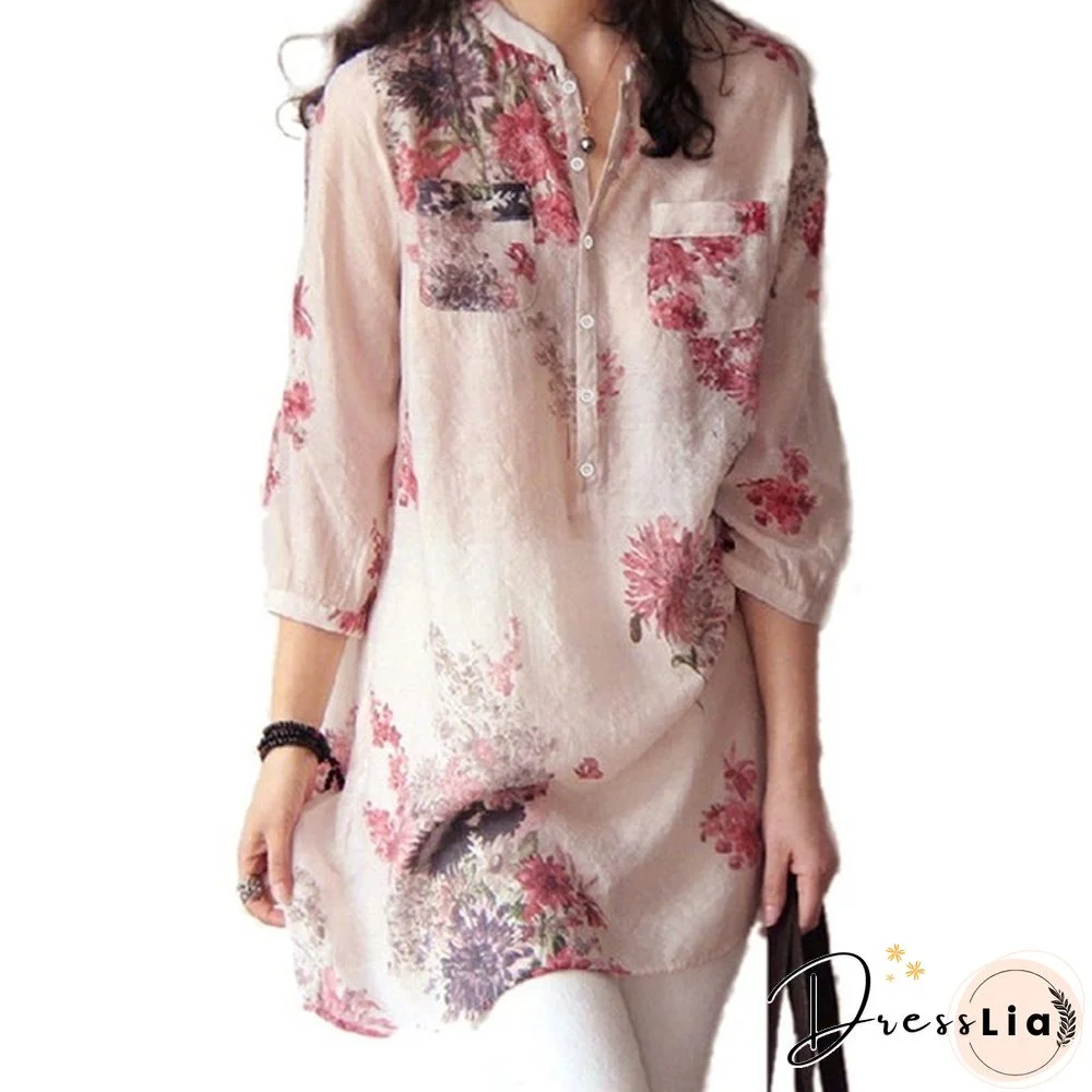 Vintage Women Floral Printed Casual Loose Tops Shirt Tunic Dress