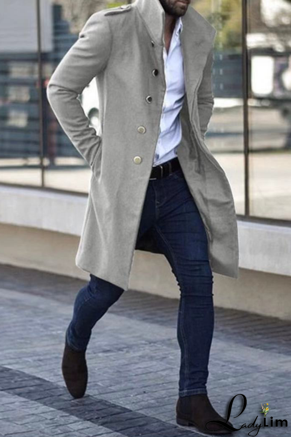 Light Gray Casual Solid Pocket Buckle Mandarin Collar Outerwear