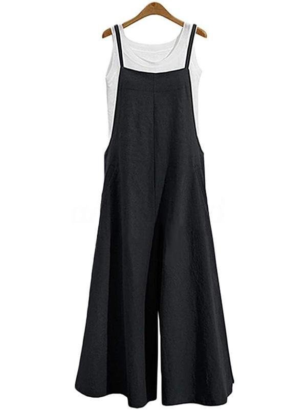 Cotton And Linen Back Wide Loose Solid Color Wide-Leg Casual Jumpsuit